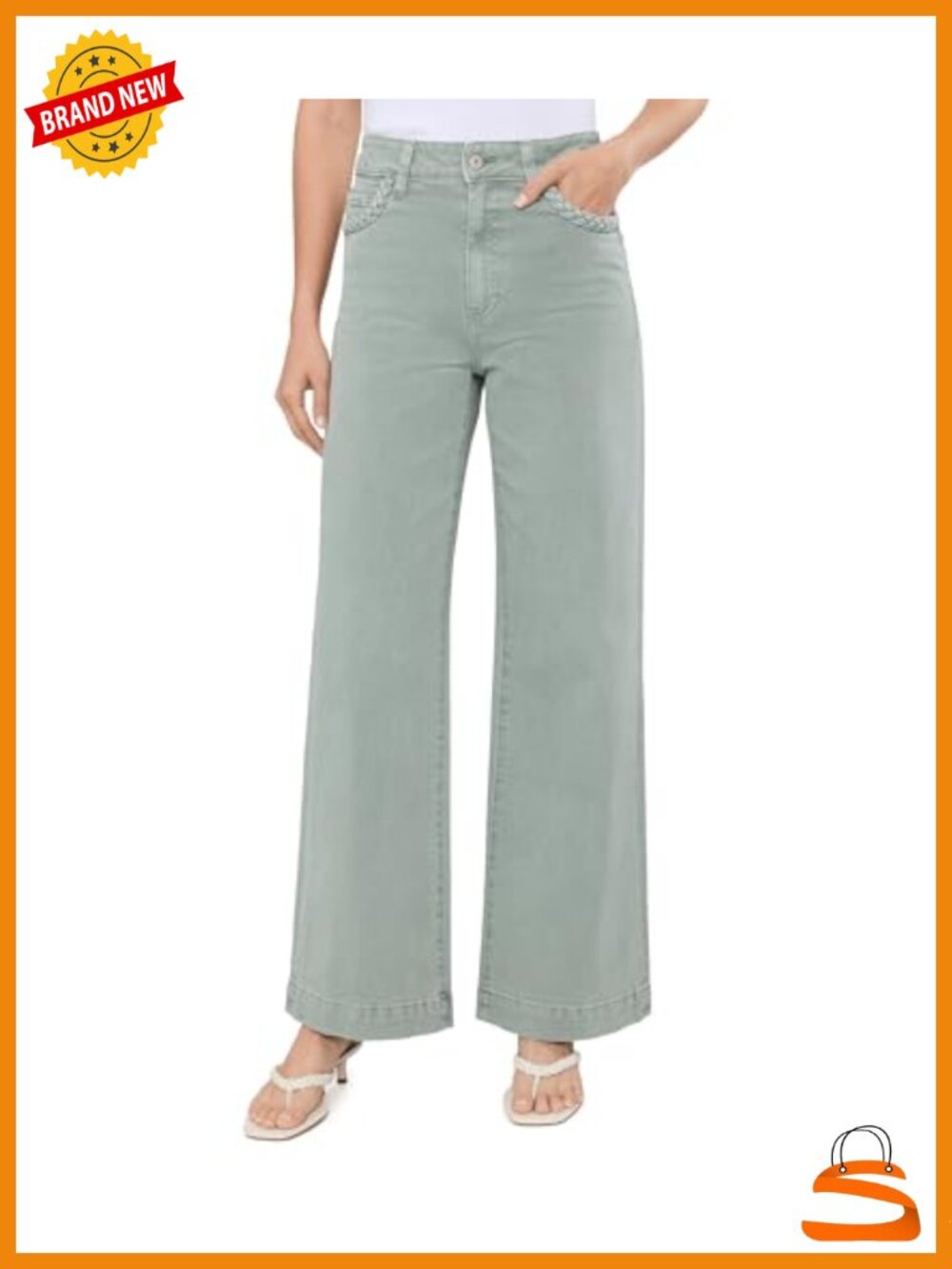 High Rise Wide Leg Jeans with Braided Pocket Edge Cotton Elastane Stretch